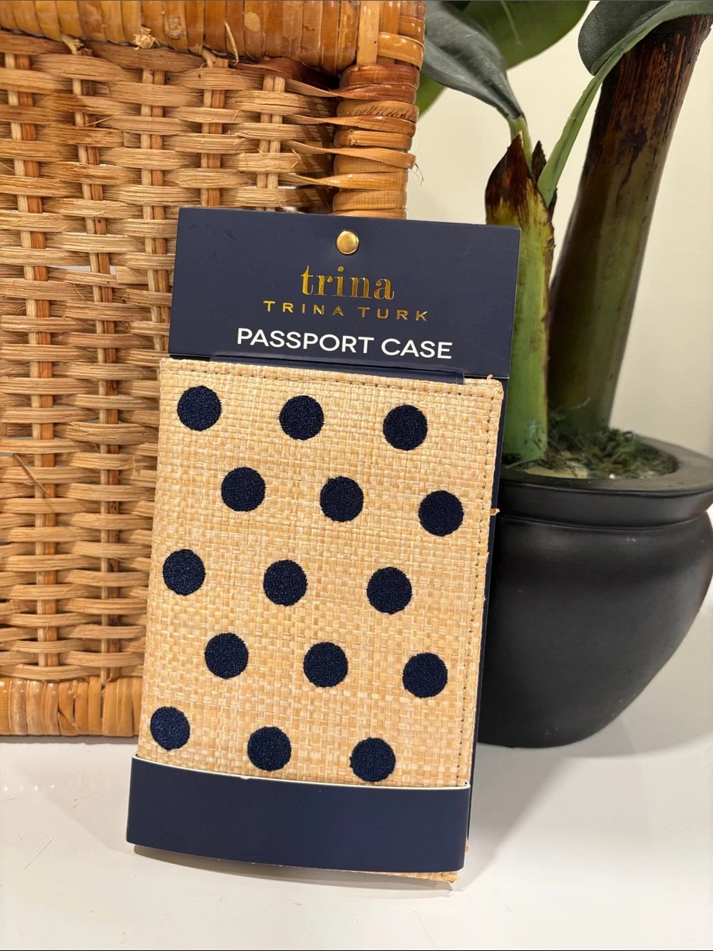 Trina Turk Navy Polka Dot Woven Passport Cover NWT